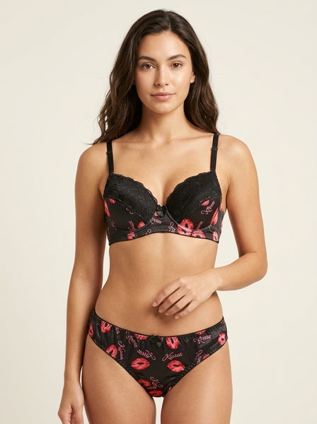 Noir Kiss Black Wired Printed Padded Bra Set A2174
